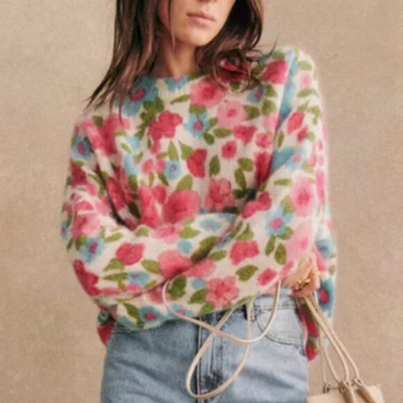 Sezane Sweaters - Sezane Janelia Jumper Sweater - Pink Flowers/ Turquoise Kid Mohair Knit French